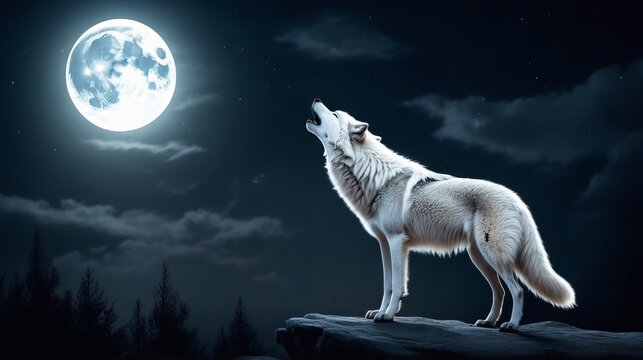 Dramatic Night Scene, Wolf Howling at Full Moon, Standing on Rocky Outcrop, Wilderness Setting