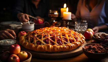 Homemade apple pie on rustic table, ready to eat generated by AI - obrazy, fototapety, plakaty