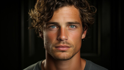 Obraz premium Young adult Caucasian man with brown hair, looking confidently at camera generated by AI