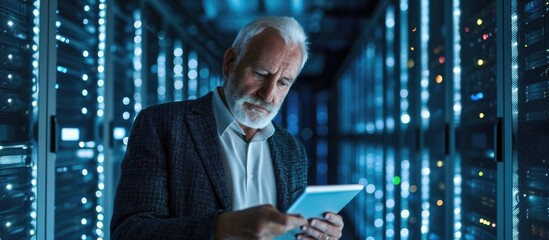 Elderly admin uses tablet to analyze server cyber threats caused by unsecure network connections. Skilled employee safeguards high-tech area from DDoS attacks.