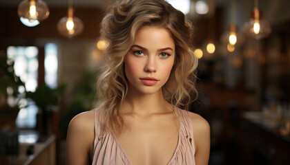 Young woman with brown hair looking at camera generated by AI