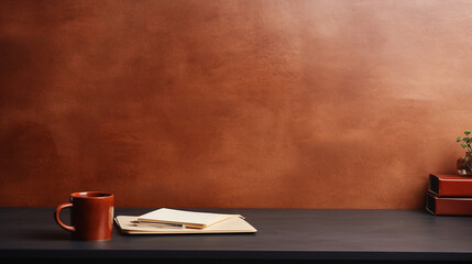 office leather desk table with coffee and office supplies