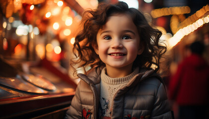 Smiling girl enjoys Christmas lights, bringing joy generated by AI