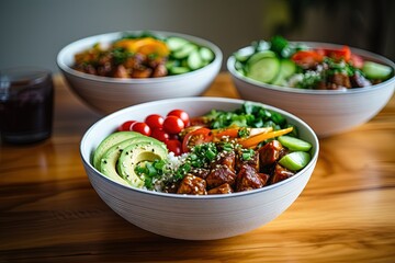Two vegan tempeh poke bowls filled with rice hoisin baked tempeh and vibrant veggies a nutritious and tasty lunch