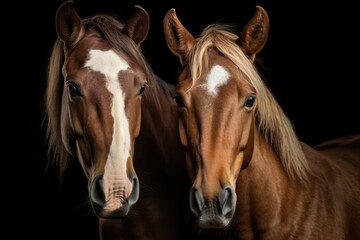 Two horses isolated on black background close up