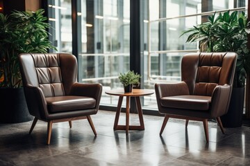 Two minimalist leather armchairs placed next to a coffee table in an elegant office or sleek apartment An open book agenda or planner sits on a meeting room ta - obrazy, fototapety, plakaty