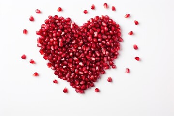 Valentine s Day flat lay concept featuring heart shaped pomegranate seeds on white background