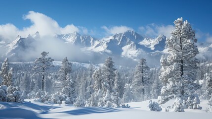 Fototapeta premium Views of snowy mountains and trees in a winter landscape, with a wide expanse covered in snow.
