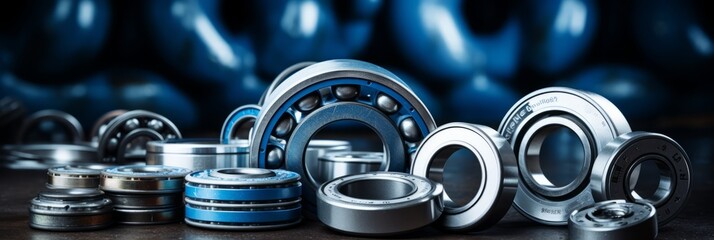 Assorted metal ball bearings and screws on a dark industrial background. - obrazy, fototapety, plakaty