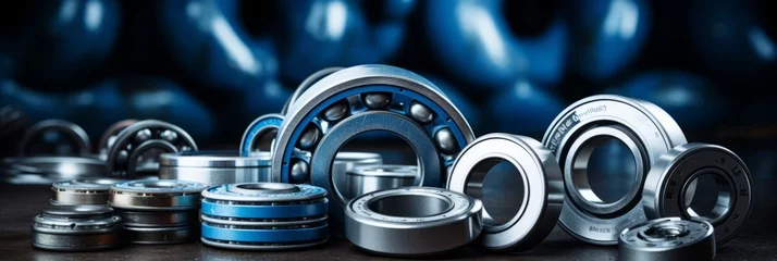 Zelfklevend Fotobehang Assorted metal ball bearings and screws on a dark industrial background. © Virtual Art Studio