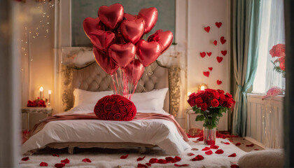 Beautiful room with romantic ambiance, Roses and heart balloons; romantic mood; wedding, valentine's day concept