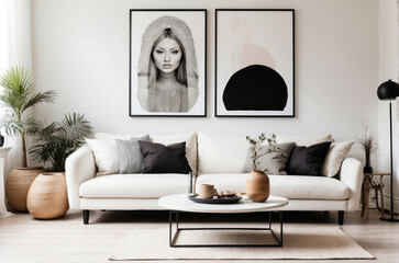 modern living room with white sofa, monochrome interior accent with two big artwork frames mockup