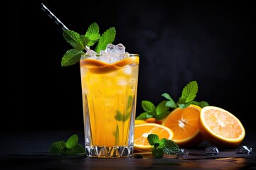 Vodka based screwdriver cocktail garnished with fruit slice and mint on a dark bar background