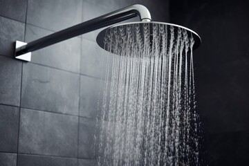 Water flowing from shower head in bathroom
