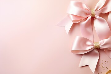 Wedding or Engagement banner background golden rings and white ribbon on pink backdrop space for text
