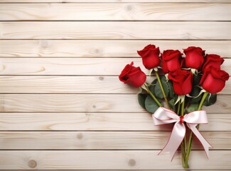 Naklejka na ściany i meble Red roses with bow on a wooden background