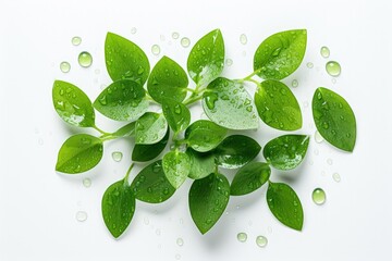 White background with isolated top view of wet green leaves