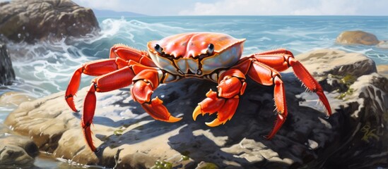 Red-legged crab found on rocky shores of Gran Canaria and the Canary Islands, with red shell and claws used for feeding on seaweed and marine life.