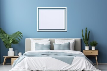 White bedding on a blue bed white linens on a blue couch Bedroom with bed bedding and framed poster mock up left side view