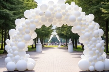 White balloon arch as festive wedding decor with lights background for ceremony - obrazy, fototapety, plakaty