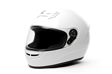 White motorbike helmet isolated on white background representing motorsport safety