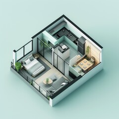 Realistic 3D rendering of a model of a small apartment in a green tone color, solid color metallic