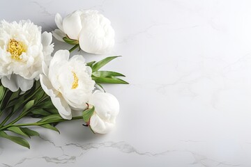 White peony flowers on gray table Space for meaningful text Closeup