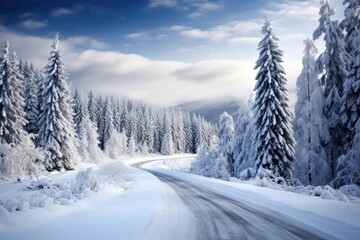 Winter driving on a country road through snowy mountains - obrazy, fototapety, plakaty