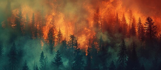Forest of coniferous trees ablaze.