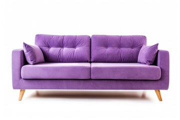 Fototapeta premium Wooden legs support a purple fabric sofa isolated on a white background It is part of a furniture collection
