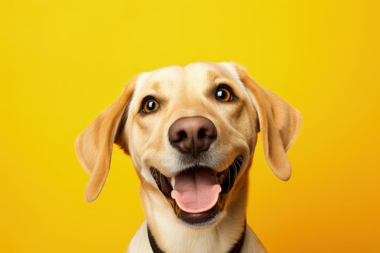 Cheerful dog portrait on bright yellow backdrop