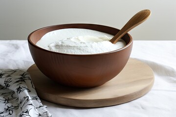 Yogurt or sour cream made at home served in a wooden bowl