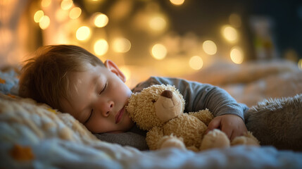 Child asleep with teddy bear, cozy ambiance.