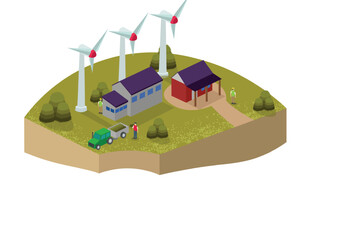 Wind Turbines Surround the House | Isometric Renewable Energy