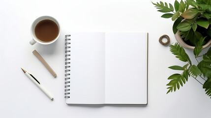 top view of modern workspace with laptop computer office supplies and coffee cup on white desk