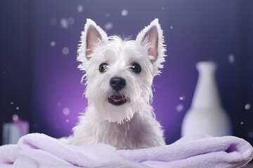 Clean West Highland White Terrier on purple background wrapped in a towel with soap bubbles Concept of pet grooming Copy Space for text