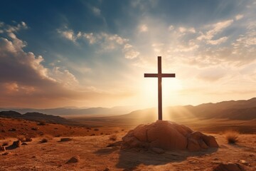 Christian cross on desert with sunrise background