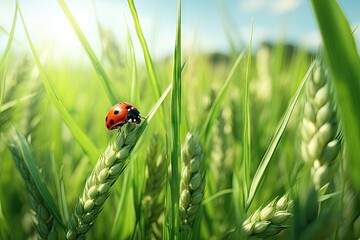Close up macro of ladybug on fresh green wheat ears in a spring or summer field with ample space for text - obrazy, fototapety, plakaty