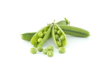 Close up of pea pod with leaves isolated on white