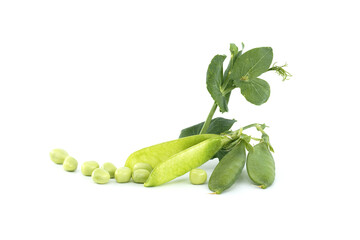 Garden peas pods with green leaves isolated on white