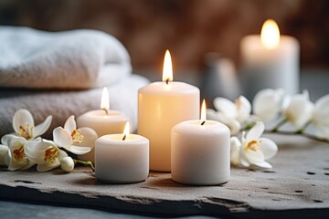 Fototapeta na wymiar Close up of scented candles providing a soothing atmosphere in a spa Elegant arrangement with grey and white candles for a calming spa experience Zen and tranq