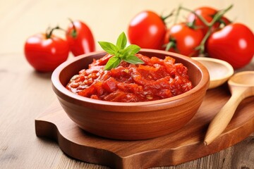 Close up photo of vegan arrabbiata sauce served in a wooden bowl made with tomatoes garlic and dried chili peppers cooked in olive oil
