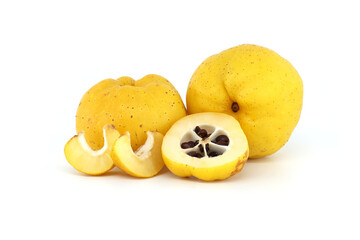 Vibrant quince fruits, both sliced and whole on white