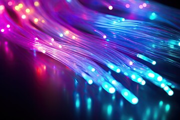 Closeup photo of fiber optic channels glowing with a background of fiber channels
