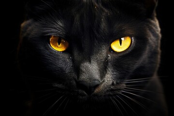 Closeup shot of a black cat s yellow eyes against a dark background