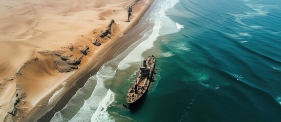 Aerial view of Zeila shipwreck in Skeleton Coast, Namibia, Africa.