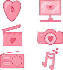 Set of Valentine's day hand drawn vector illustration. Play button hearts, computer, clapperboard, camera, music and radio.
