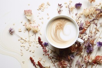Obraz na płótnie Canvas Coffee milk and dried flowers on a white background Overhead shot