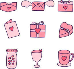 Set of Valentine's day hand drawn vector illustration. Love envelopes, winged envelopes, calendars, love books, gifts, heart-shaped gifts, jars, drinking glasses and cups.
