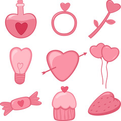 Set of Valentine's day hand drawn vector illustration. Potion bottles, rings, flowers, balloons, heart arrows, lights, cakes, candy, and strawberries.